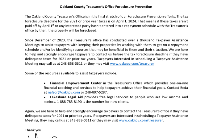 Image of letter from Oakland County Treasurer Wittenburg outlining foreclosure assistance information